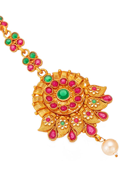 Aadita Traditional Gold Plated Pink and Green Stone Maang Tikka with Pearl Drop