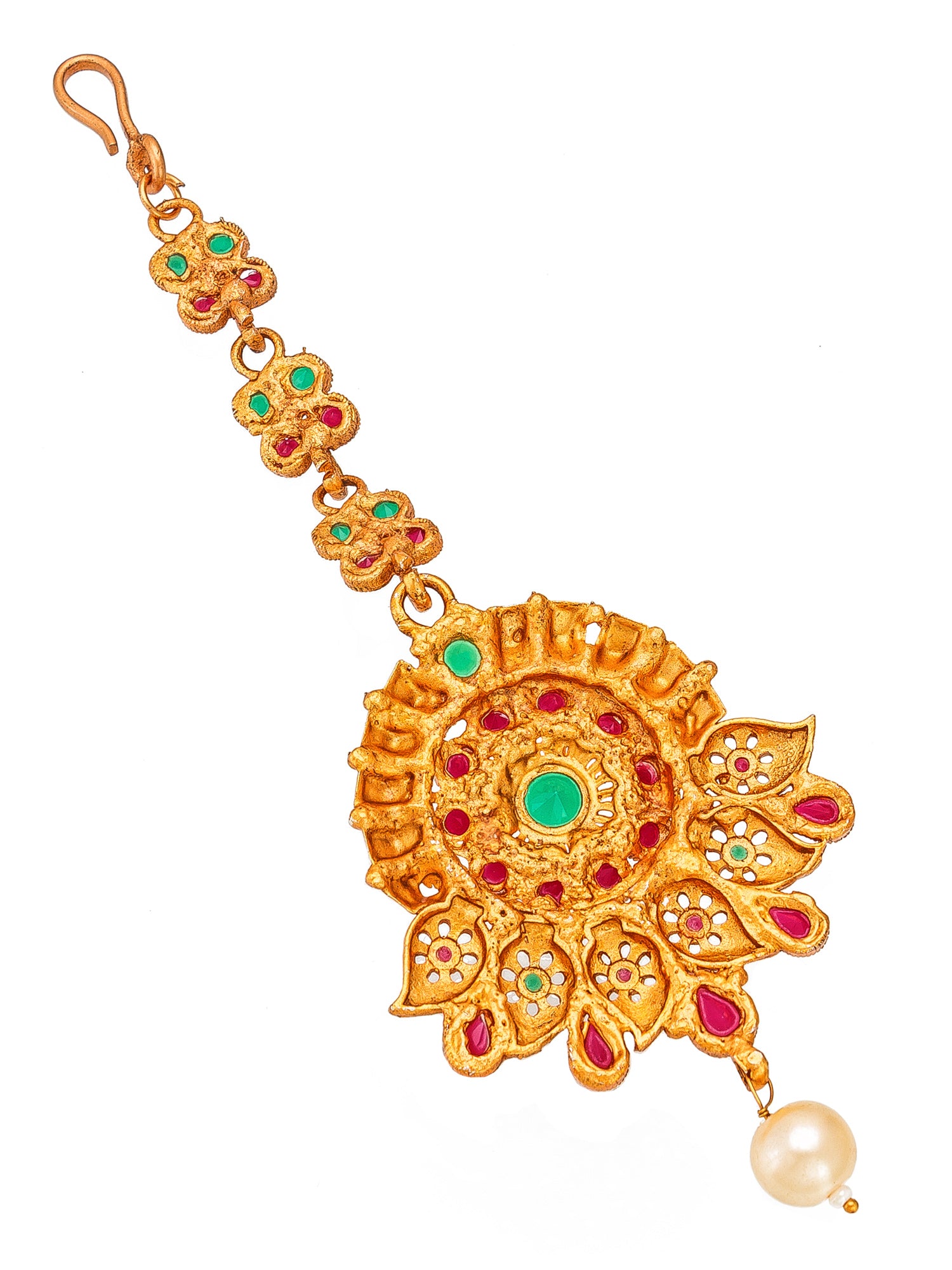 Aadita Traditional Gold Plated Pink and Green Stone Maang Tikka with Pearl Drop