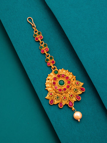 Aadita Traditional Gold Plated Pink and Green Stone Maang Tikka with Pearl Drop