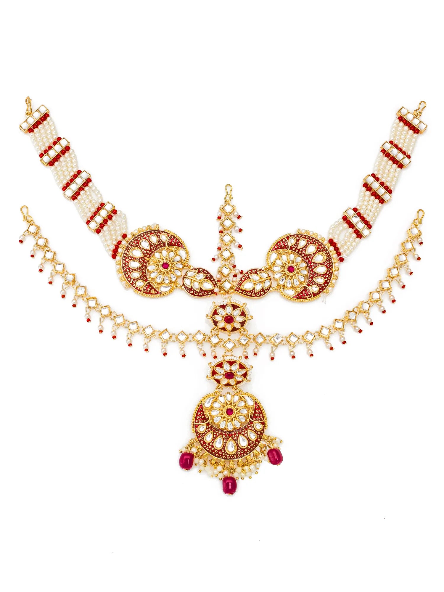 Ornate necklace with gold and red accents on a white background