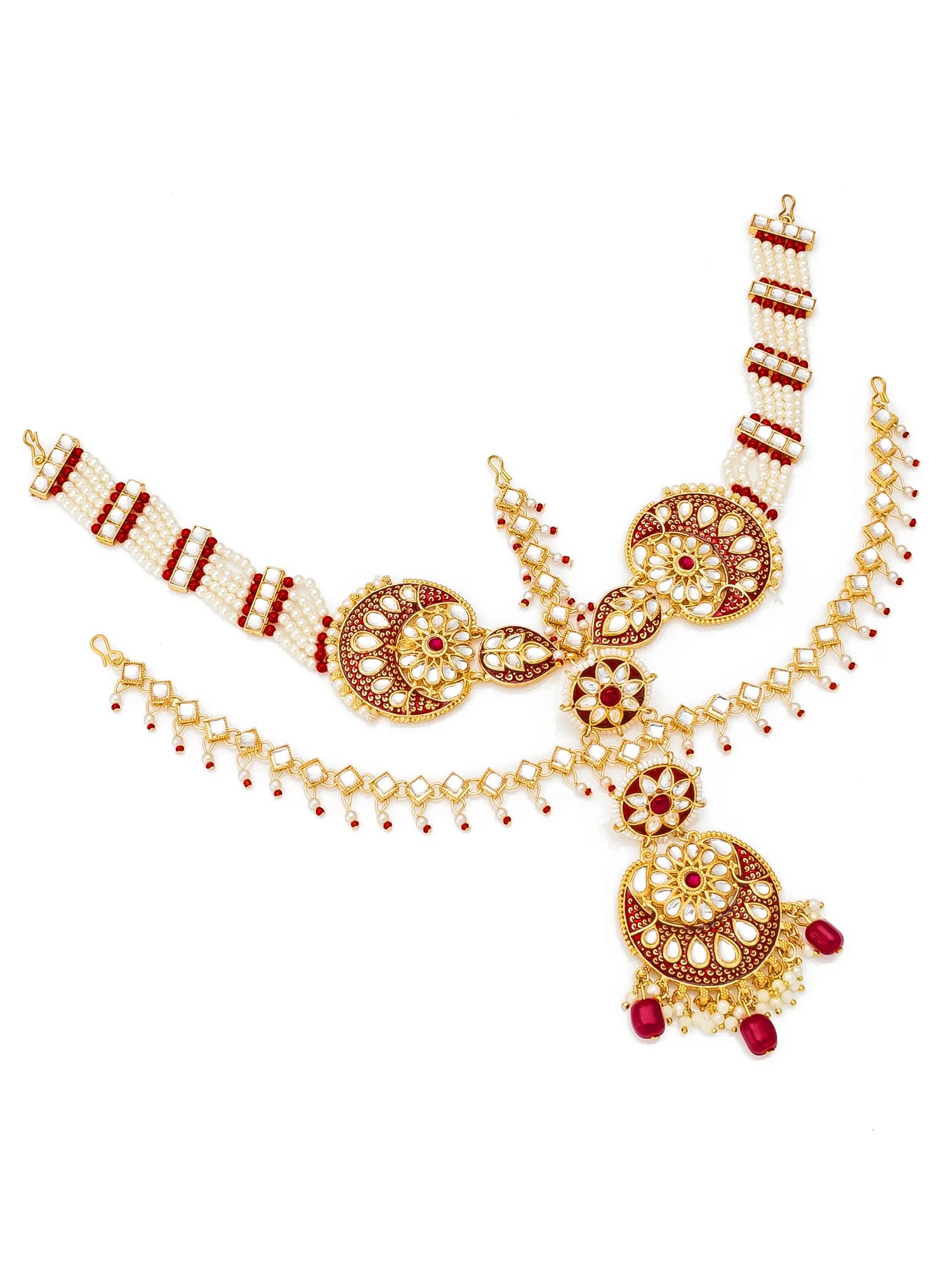 Ornate necklace with gold and red accents on a white background