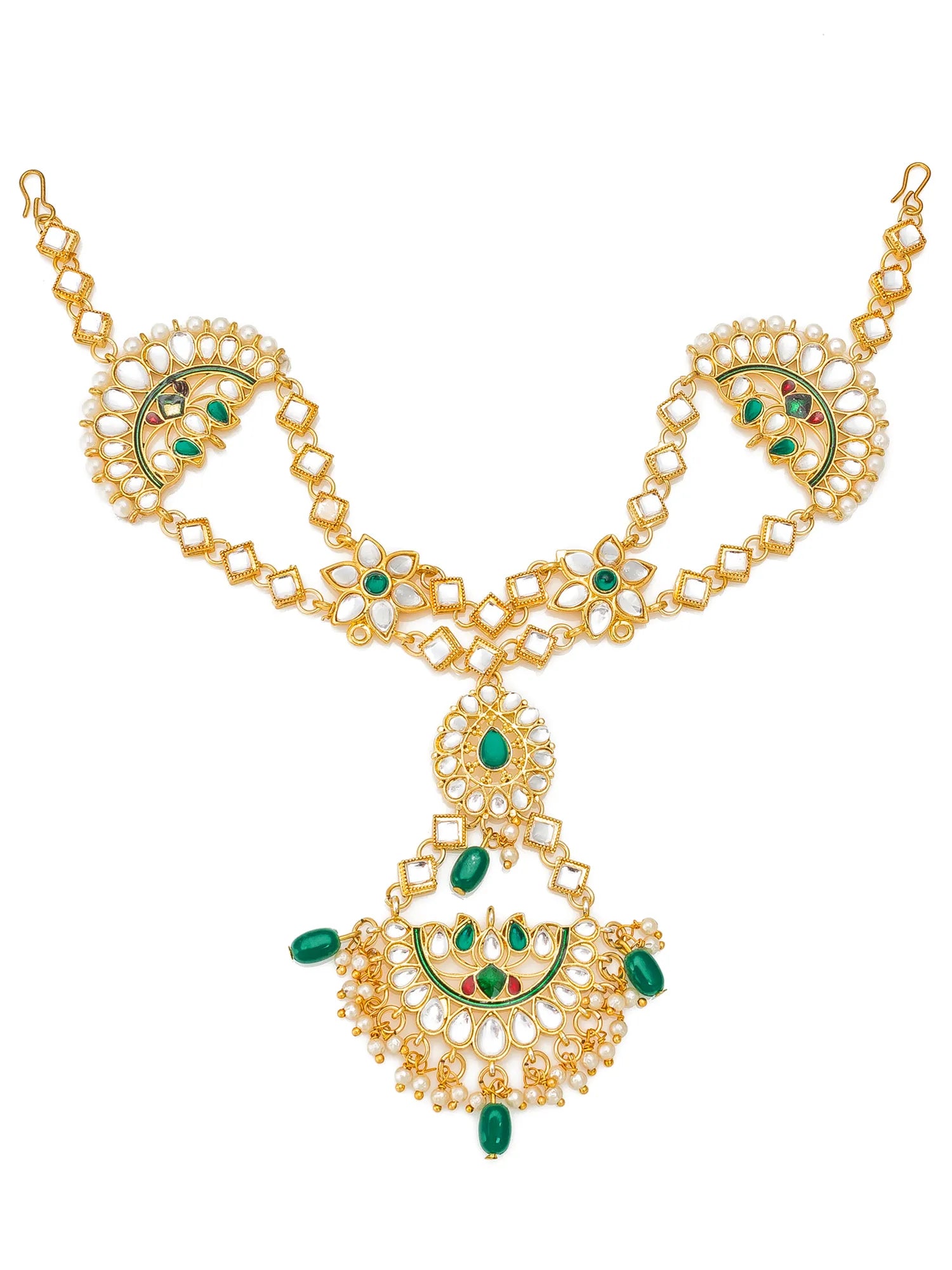 Gold-plated Indian Kundan necklace with green stone accents and white stone embellishments, shown on a plain white background.