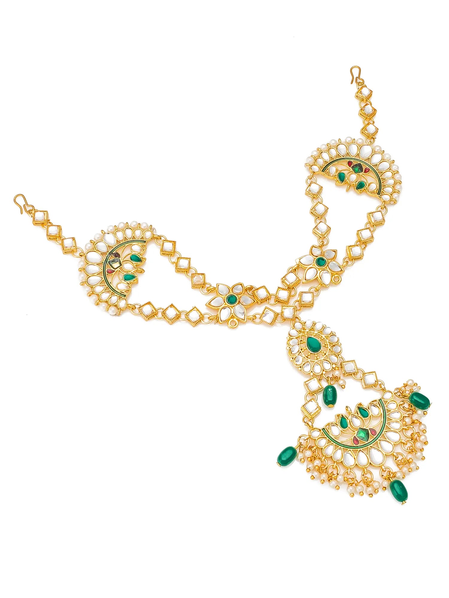 Gold-toned traditional Indian maang tikka necklace with green stone accents and white stone detailing, displayed on a clean white background.