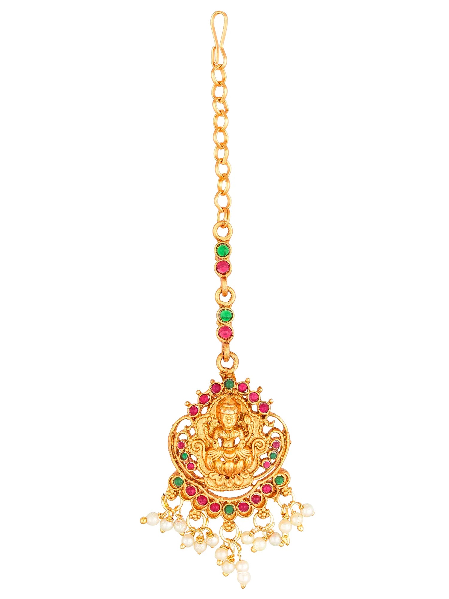 Gold necklace with a pendant featuring a deity figure on a white background