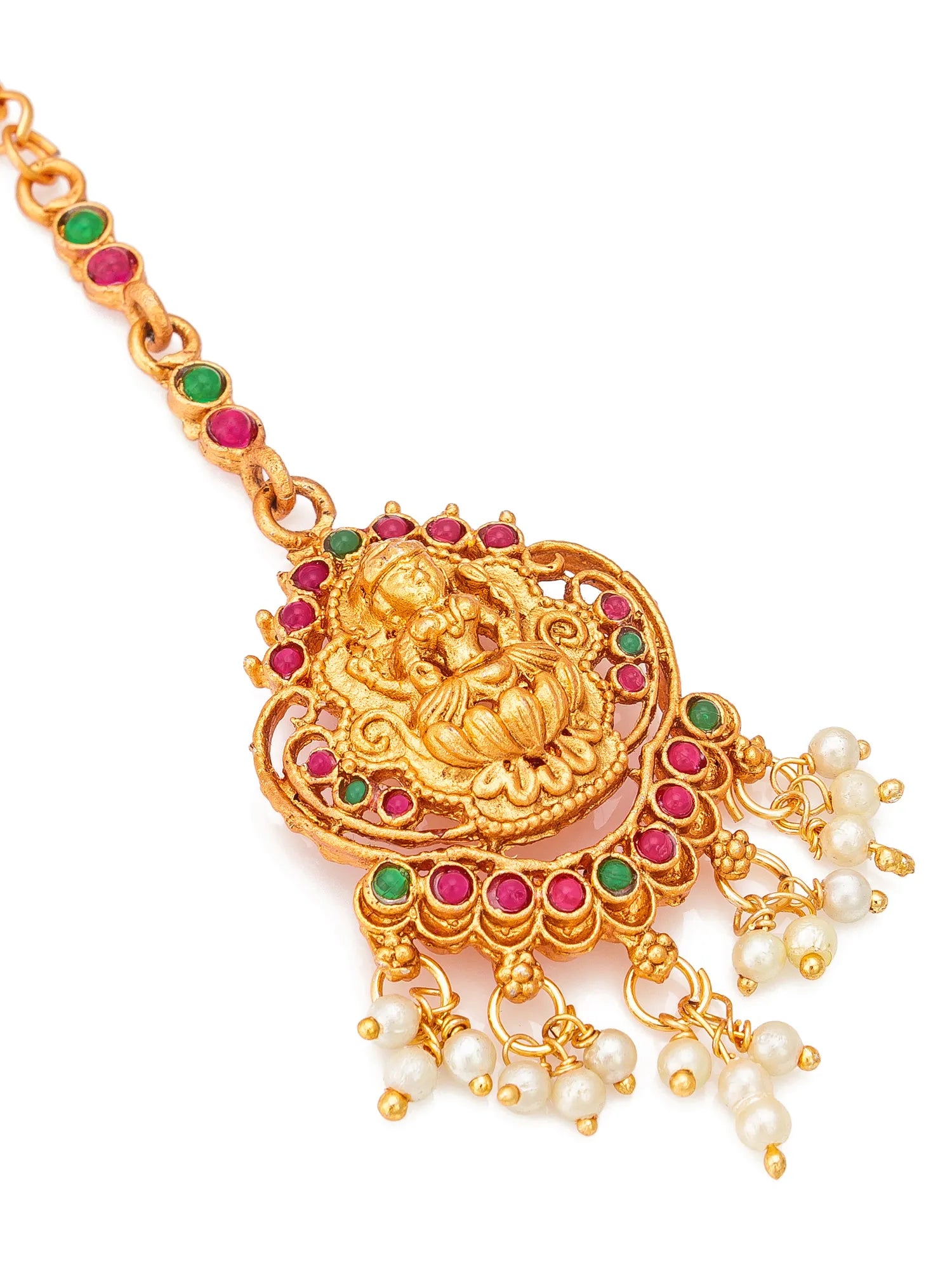 Gold bracelet with gemstones and pearls on a white background