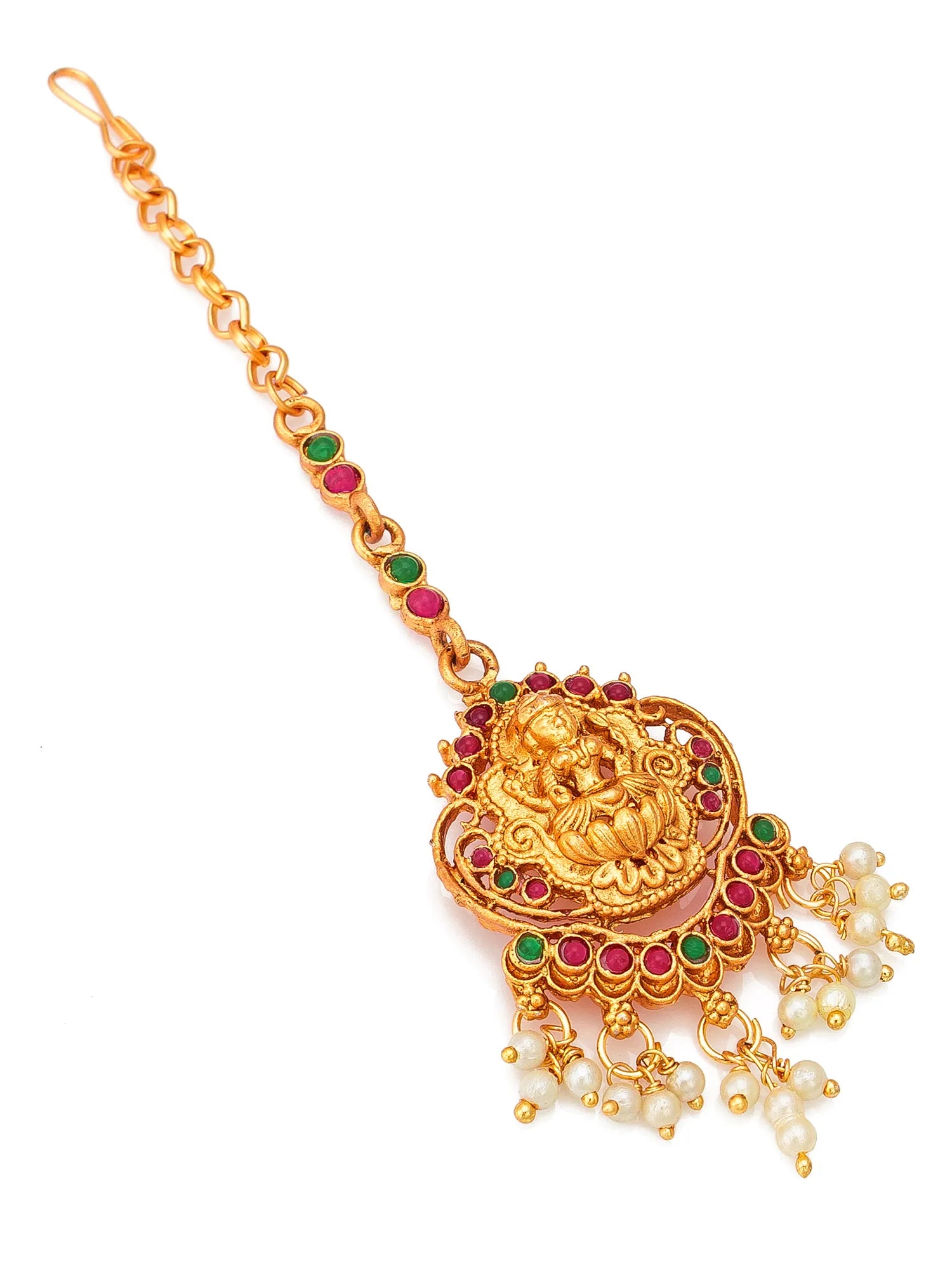 Gold necklace with green and red stones and pearl tassels on a white background