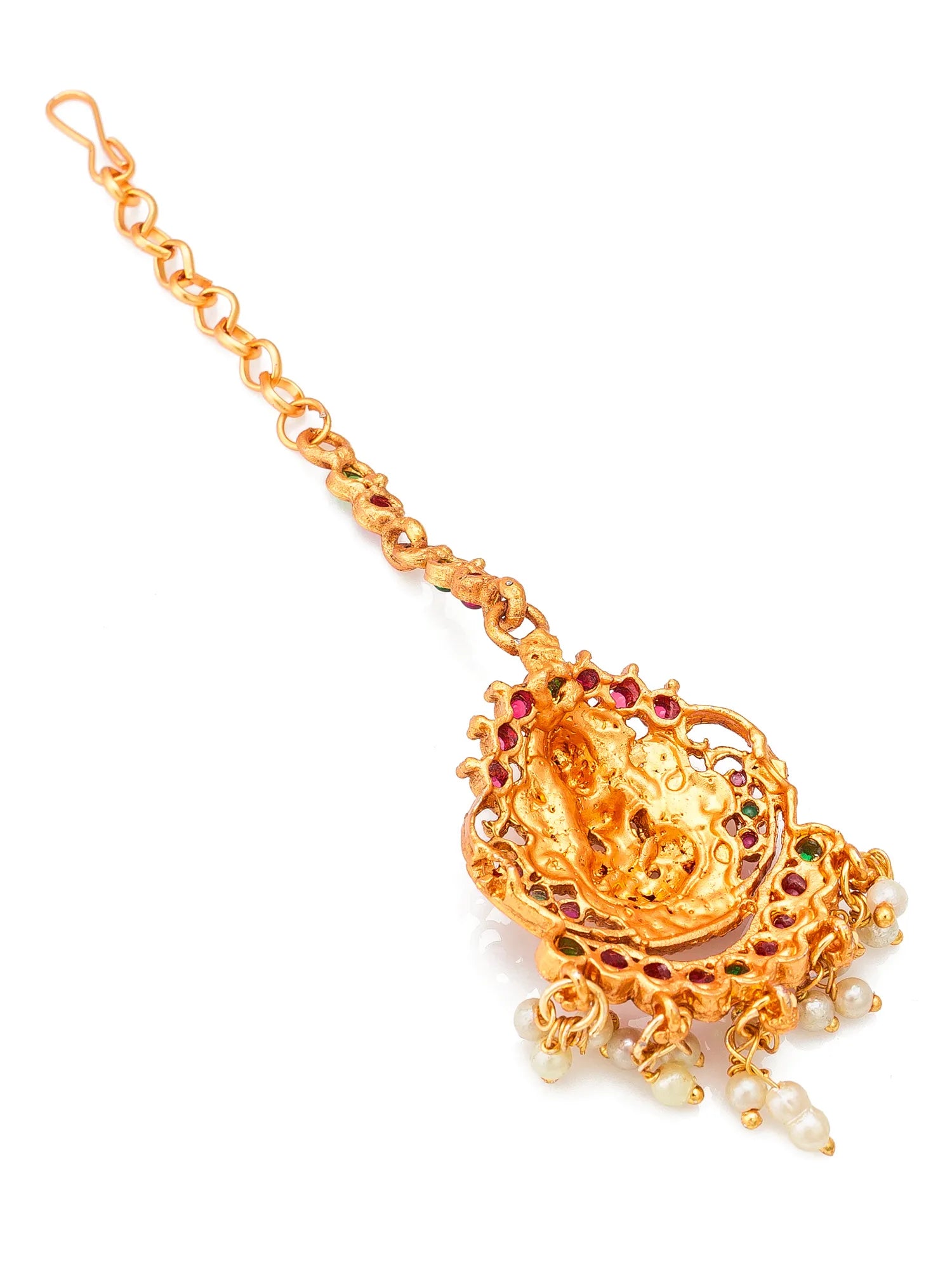Gold necklace with intricate design and red stones on a white background