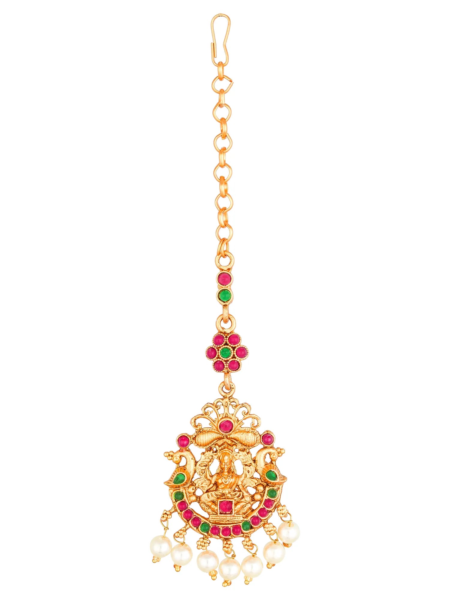 Gold necklace with colorful gemstones and pearl drops on a white background