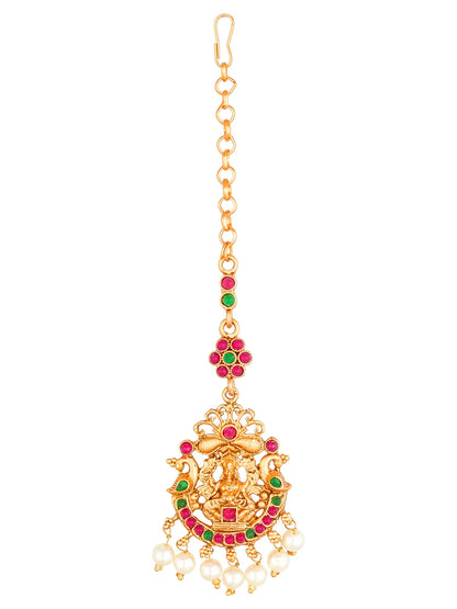 Gold necklace with colorful gemstones and pearl drops on a white background
