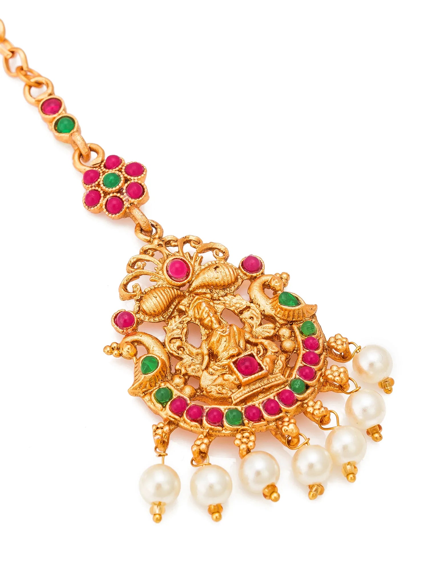 Gold necklace with pearls and gemstones on a white background