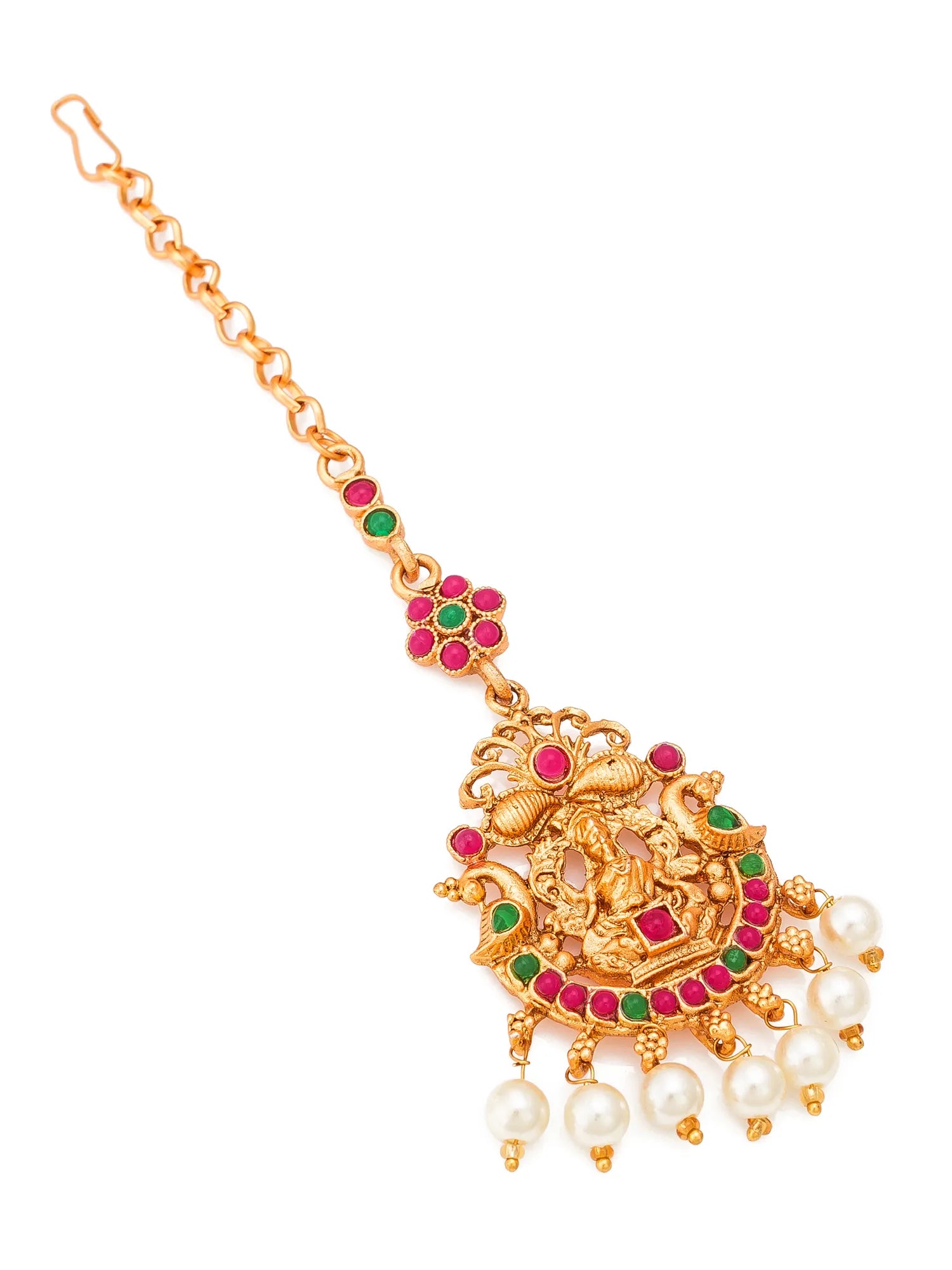 Gold necklace with green and red stones and pearl drops on a white background