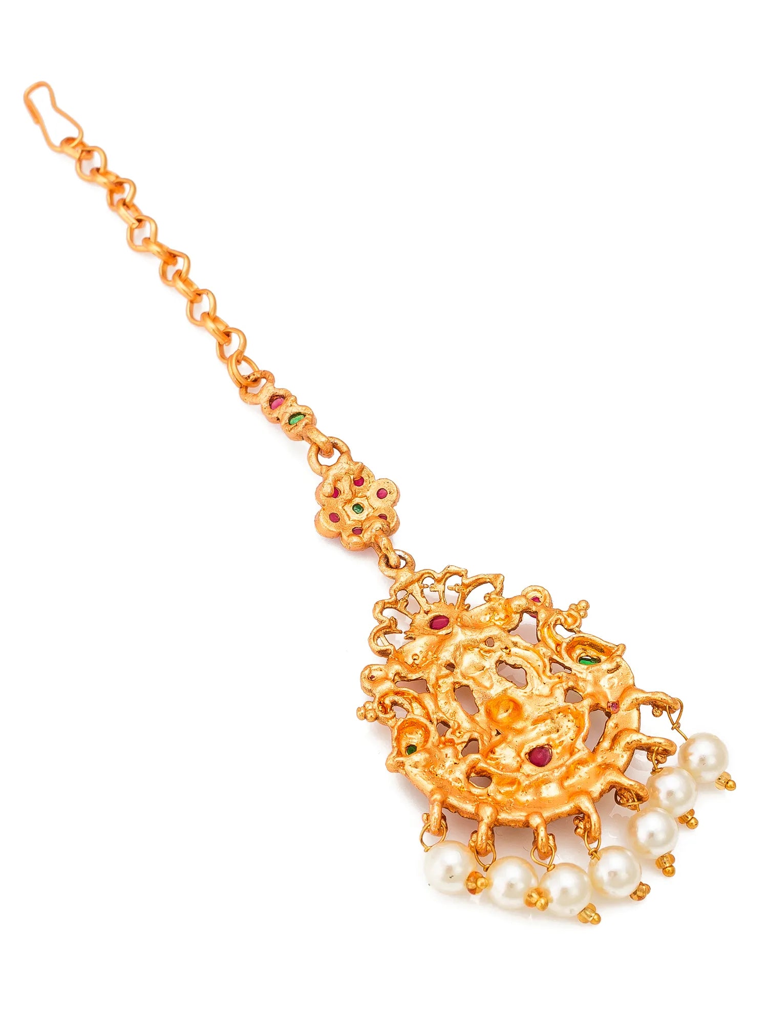 Gold necklace with pearls on a white background