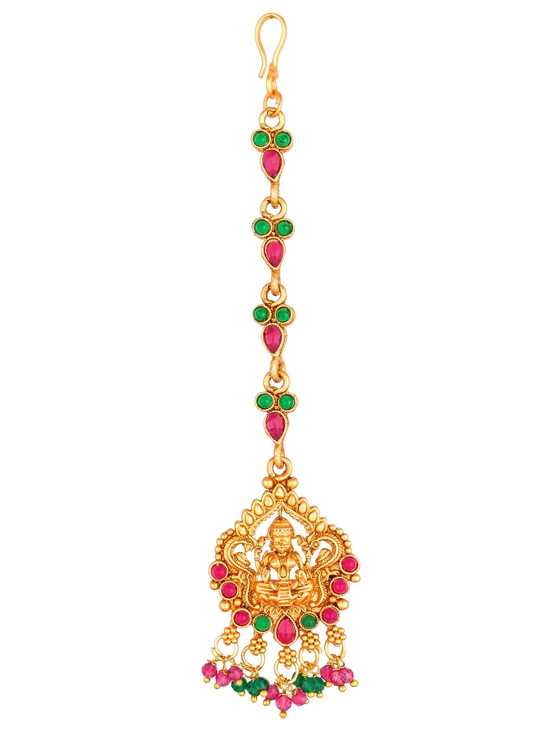 Gold and red gemstone decorative hair accessory on a teal background