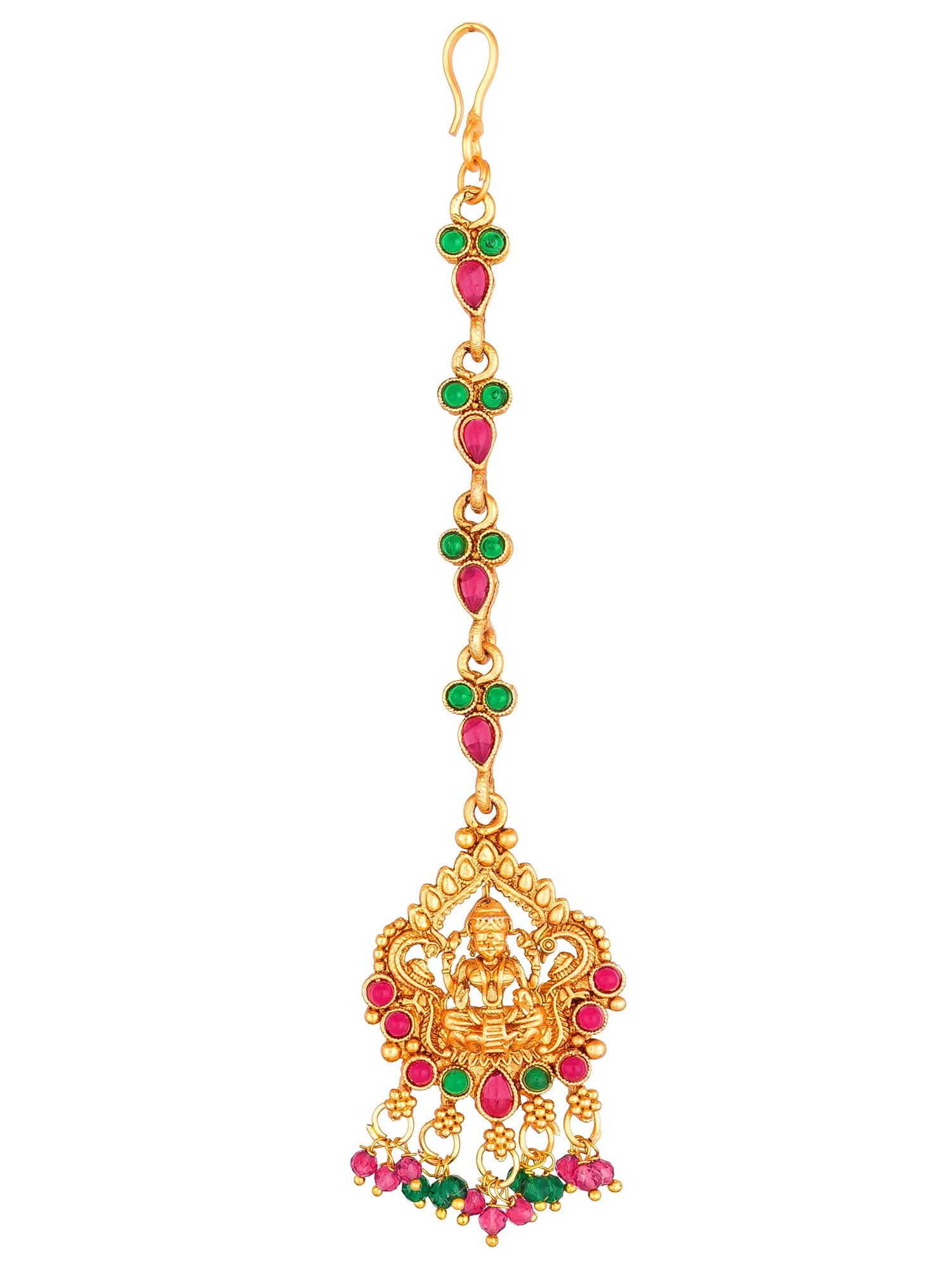 Gold pendant with red and green gemstones on a white background