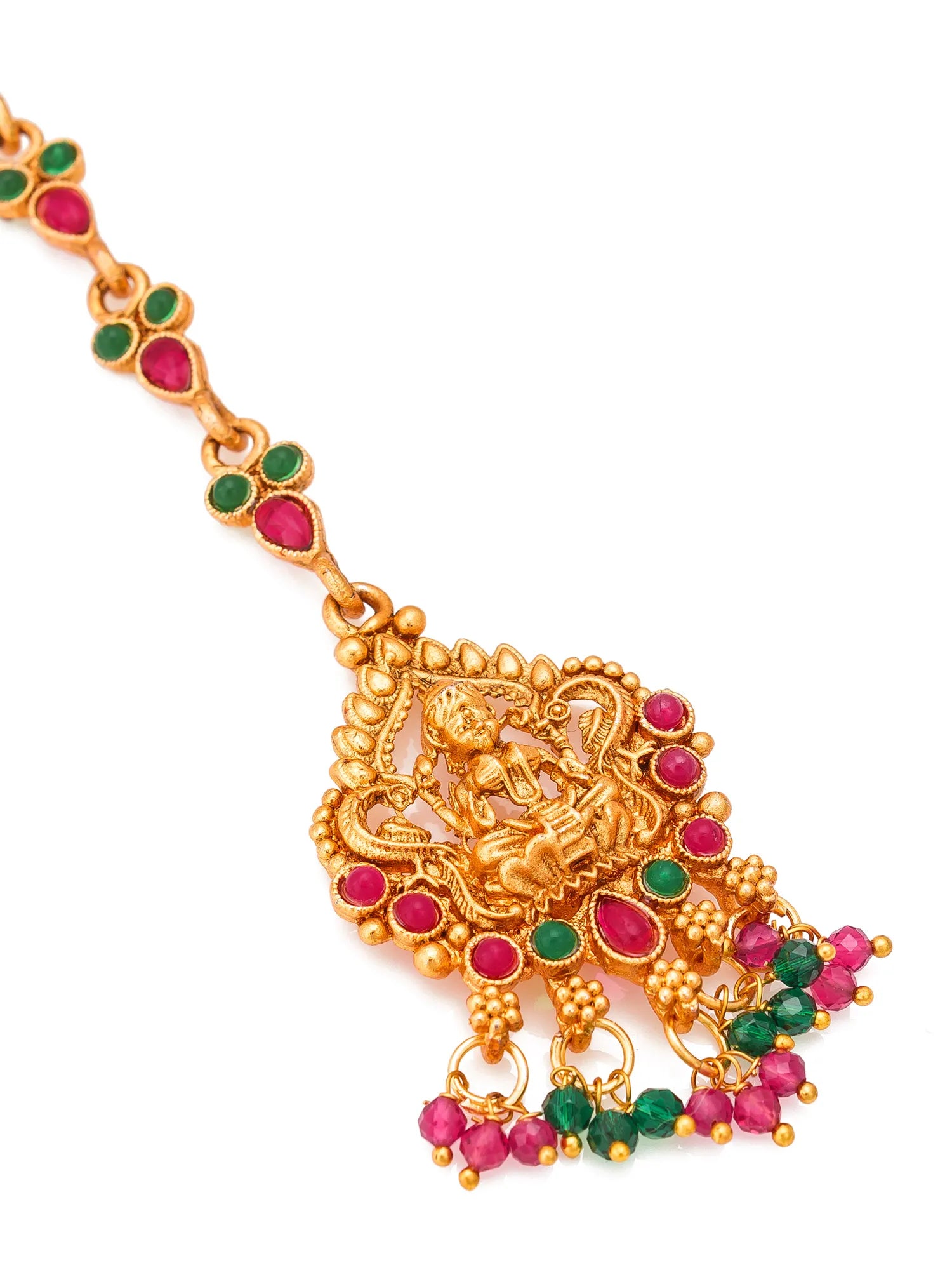 Gold necklace with red and green gemstones on a white background