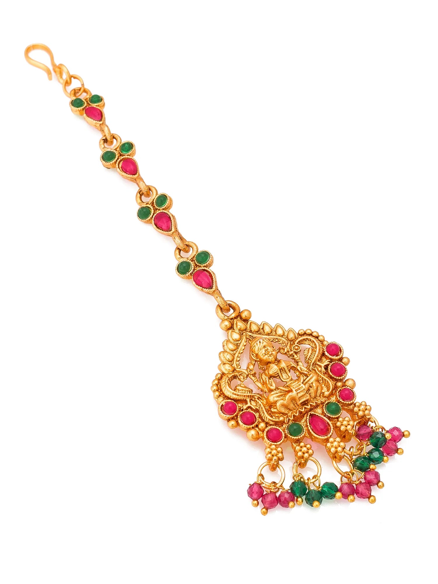 Gold necklace with colorful gemstones on a white background
