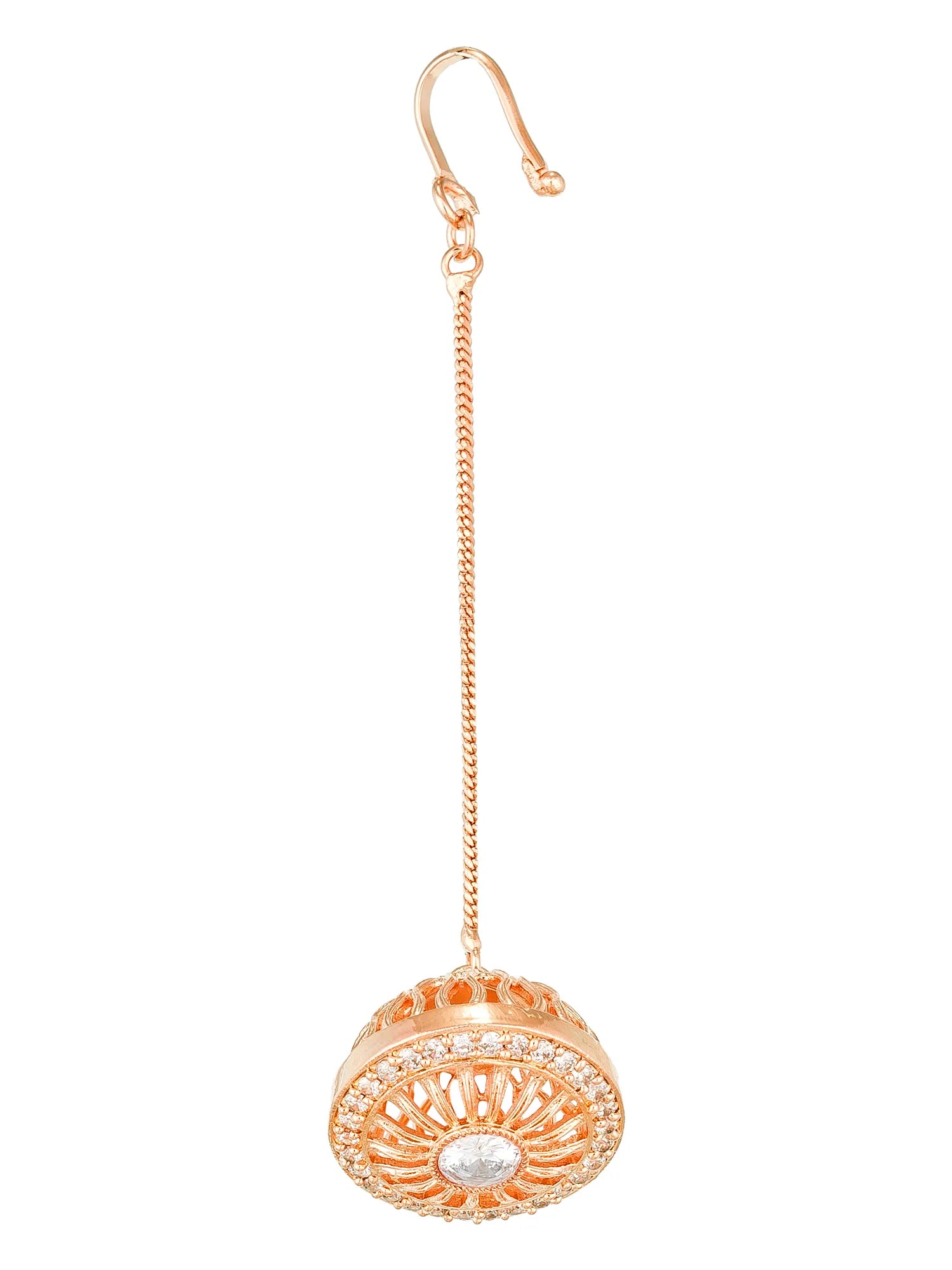 Rose gold earring with intricate design on a white background