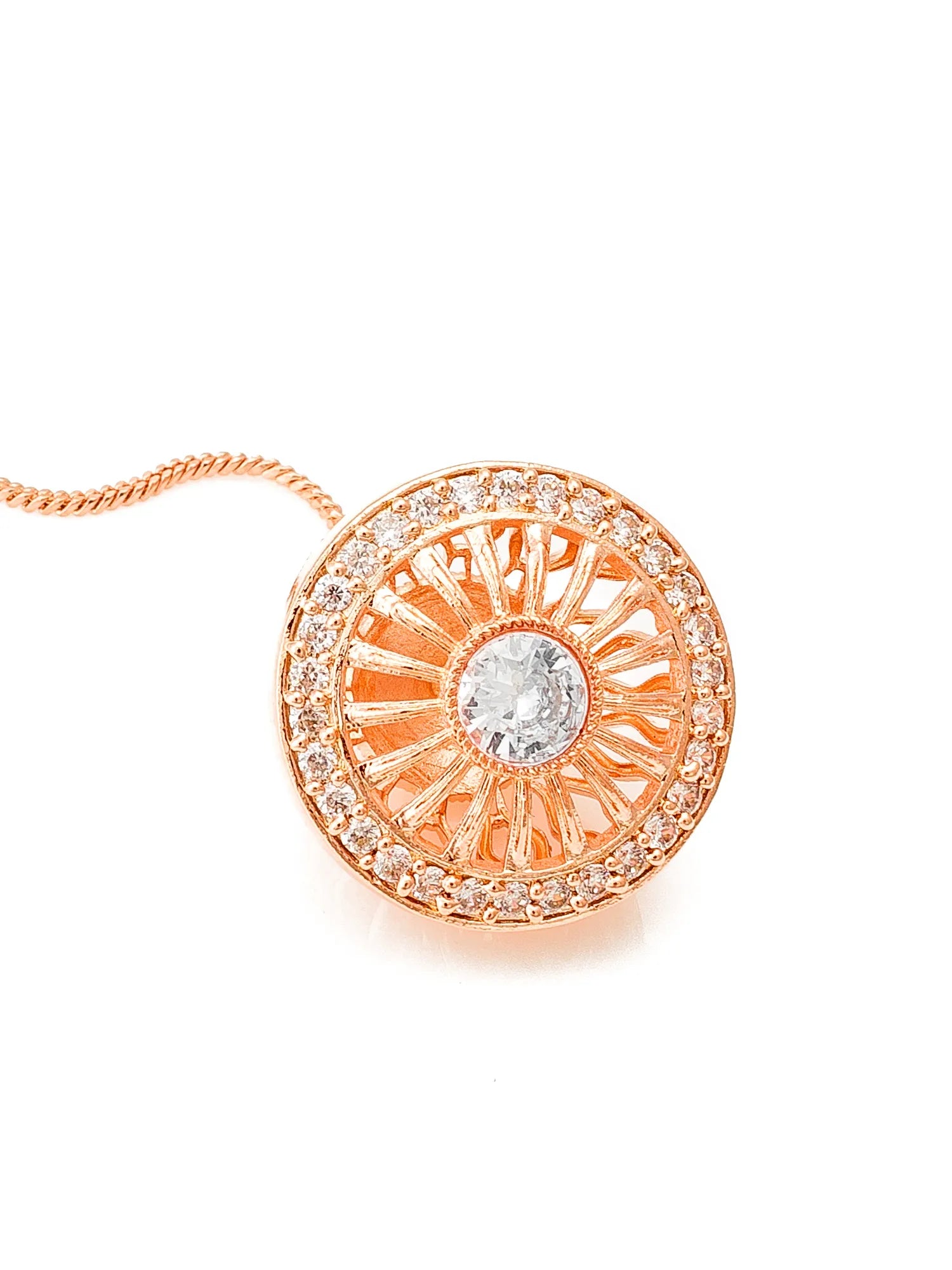 Rose gold necklace with a circular pendant on a white background