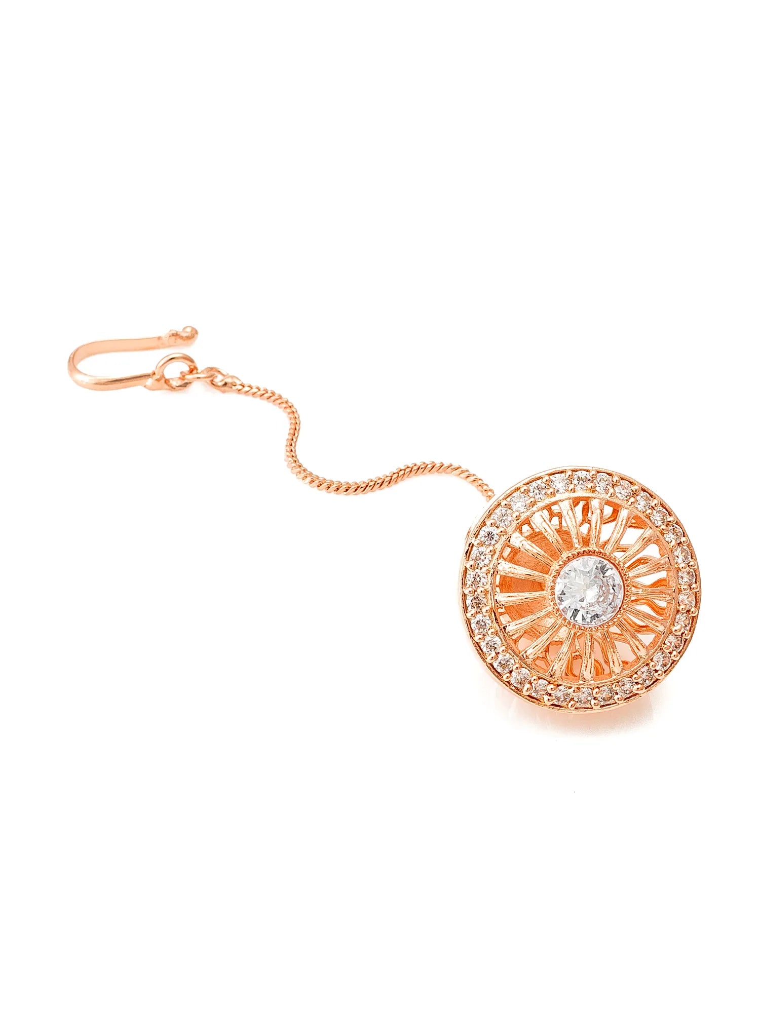 Rose gold earring with a central gemstone on a white background