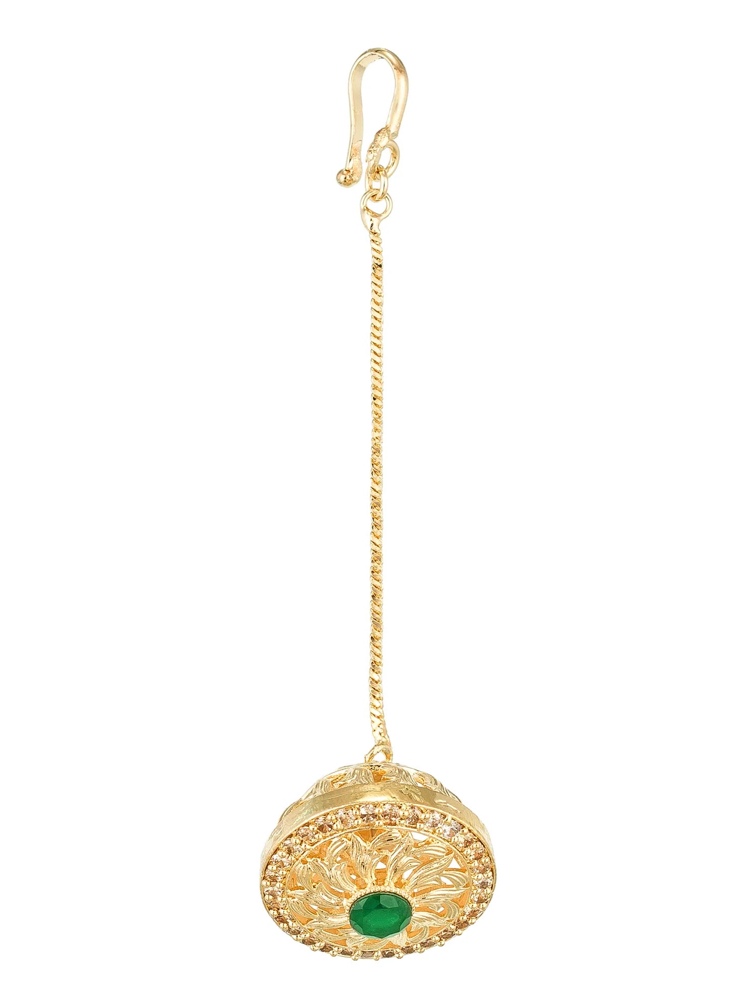 Gold earring with a green gemstone on a white background