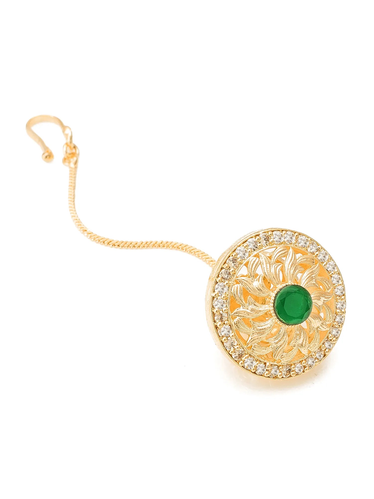 Gold hair tie with green gemstone on a white background