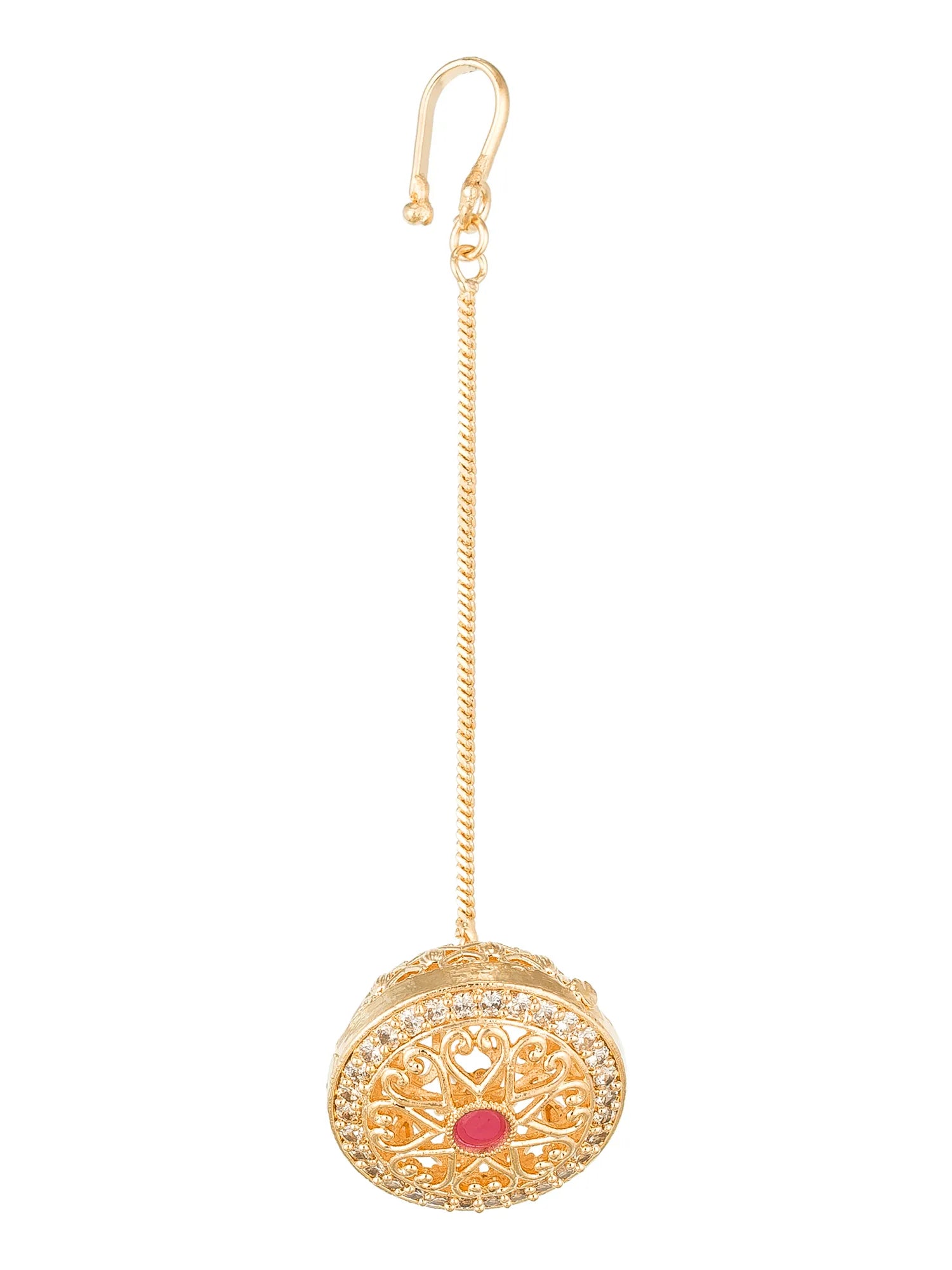 Gold earring with intricate design and red gemstone on a white background