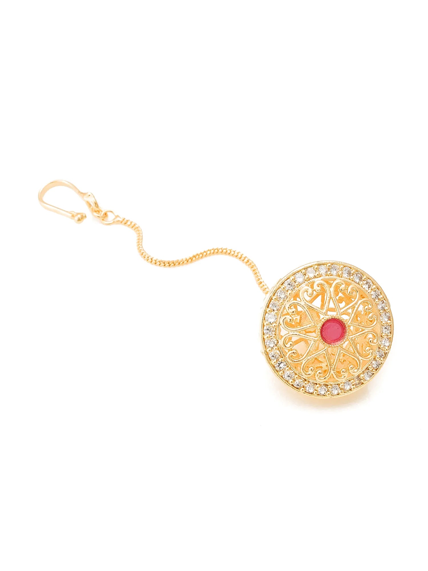 Gold pendant with intricate design and a red gemstone on a white background