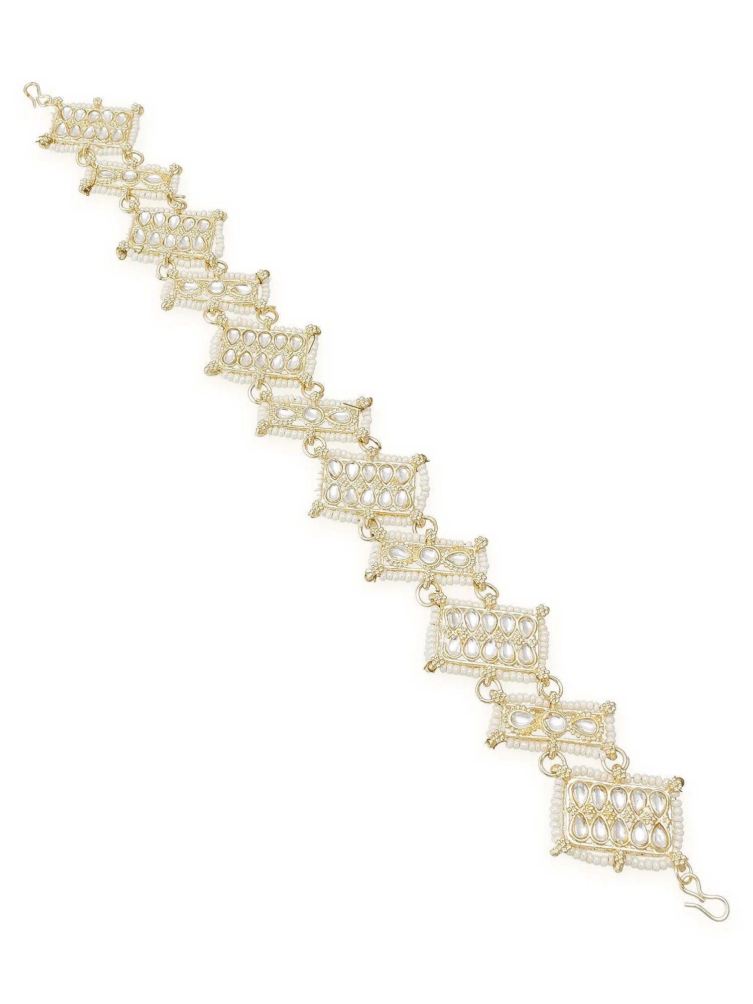 Gold bracelet with intricate design on a white background