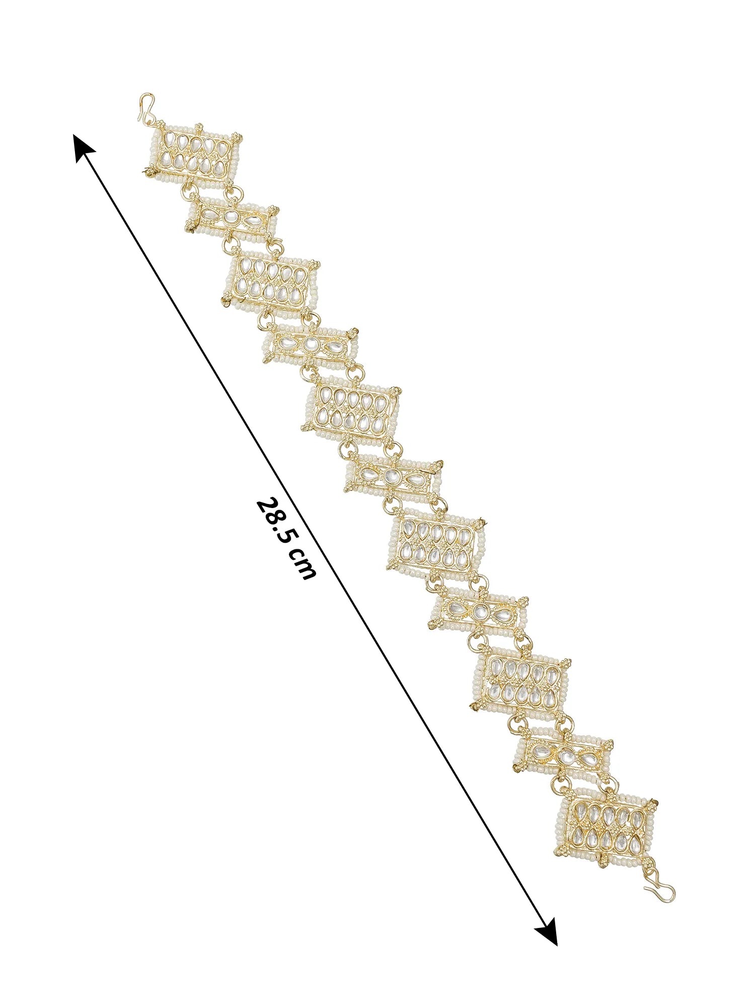 Gold bracelet with diamond-like stones and measurement details on a white background