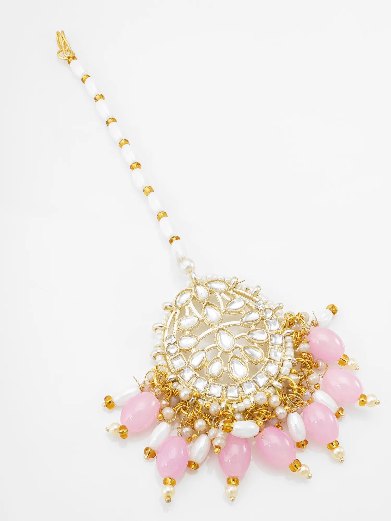 Decorative necklace with pink beads and gold accents on a white background