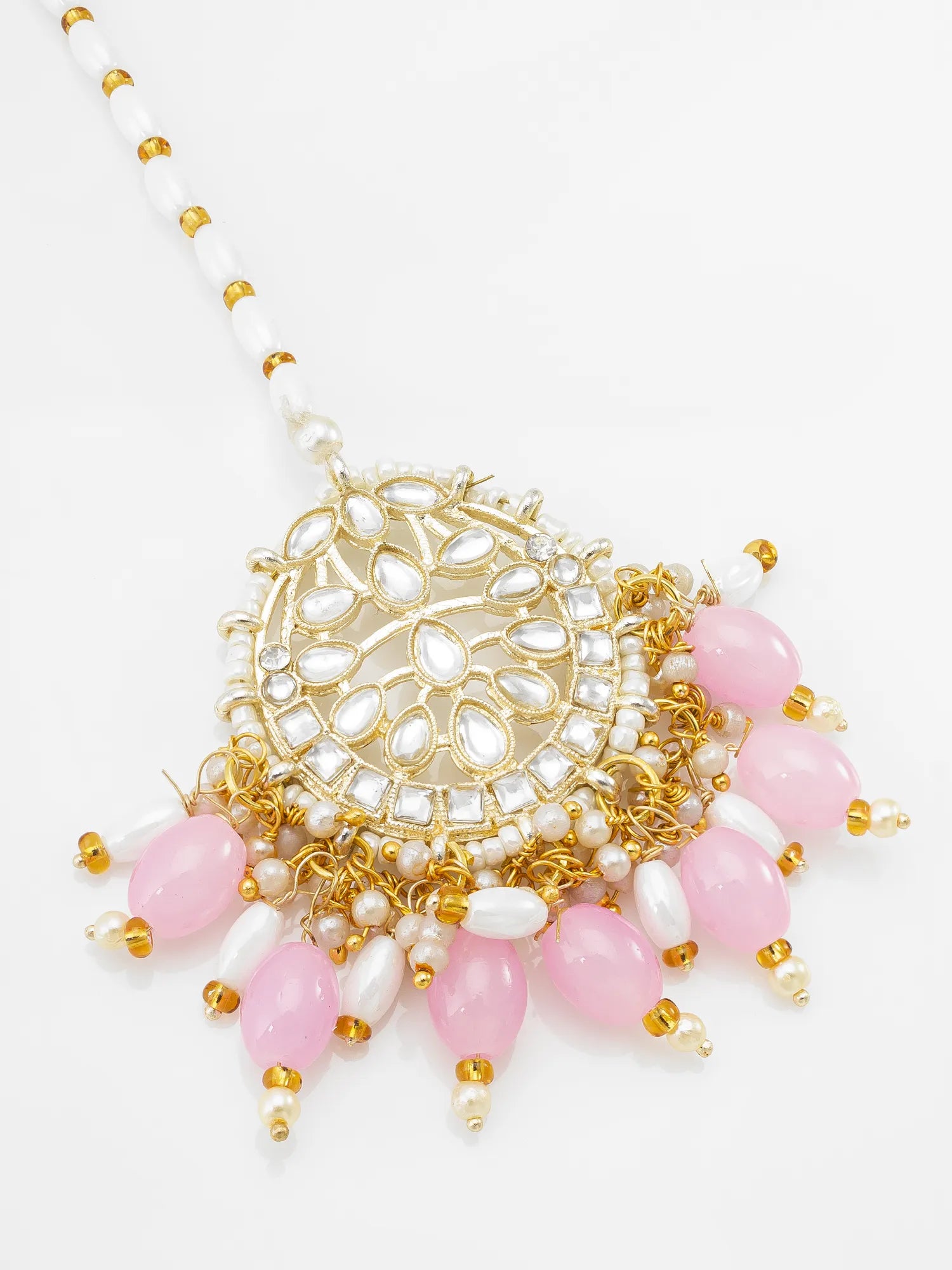 Decorative necklace with pink beads and gold accents on a white background