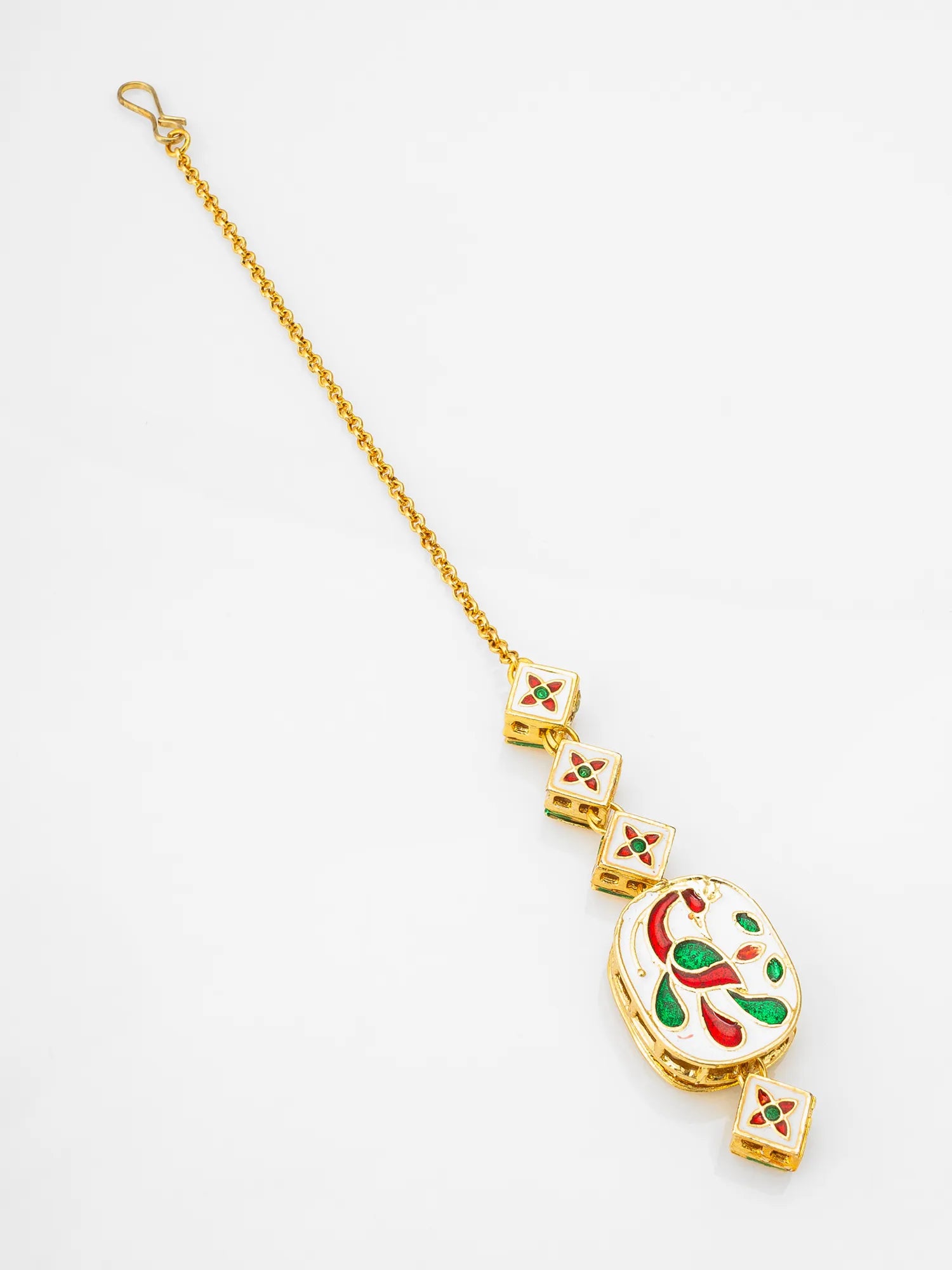 Decorative necklace with gold chain and colorful pendant on a white background