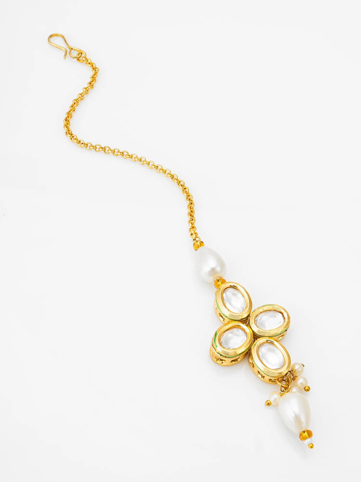 Gold necklace with pearls on a white background