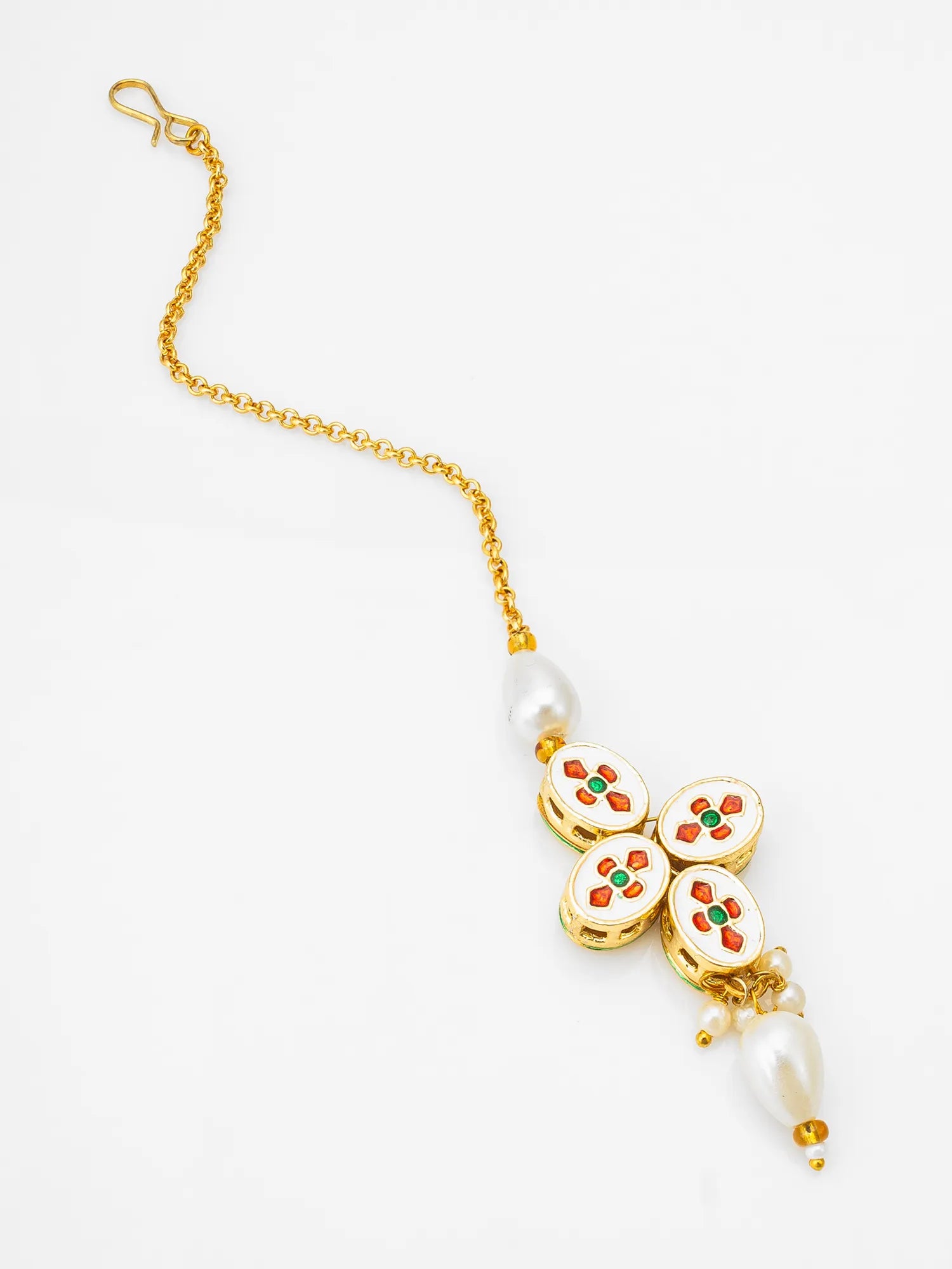 Decorative bracelet with floral designs and pearls on a white background