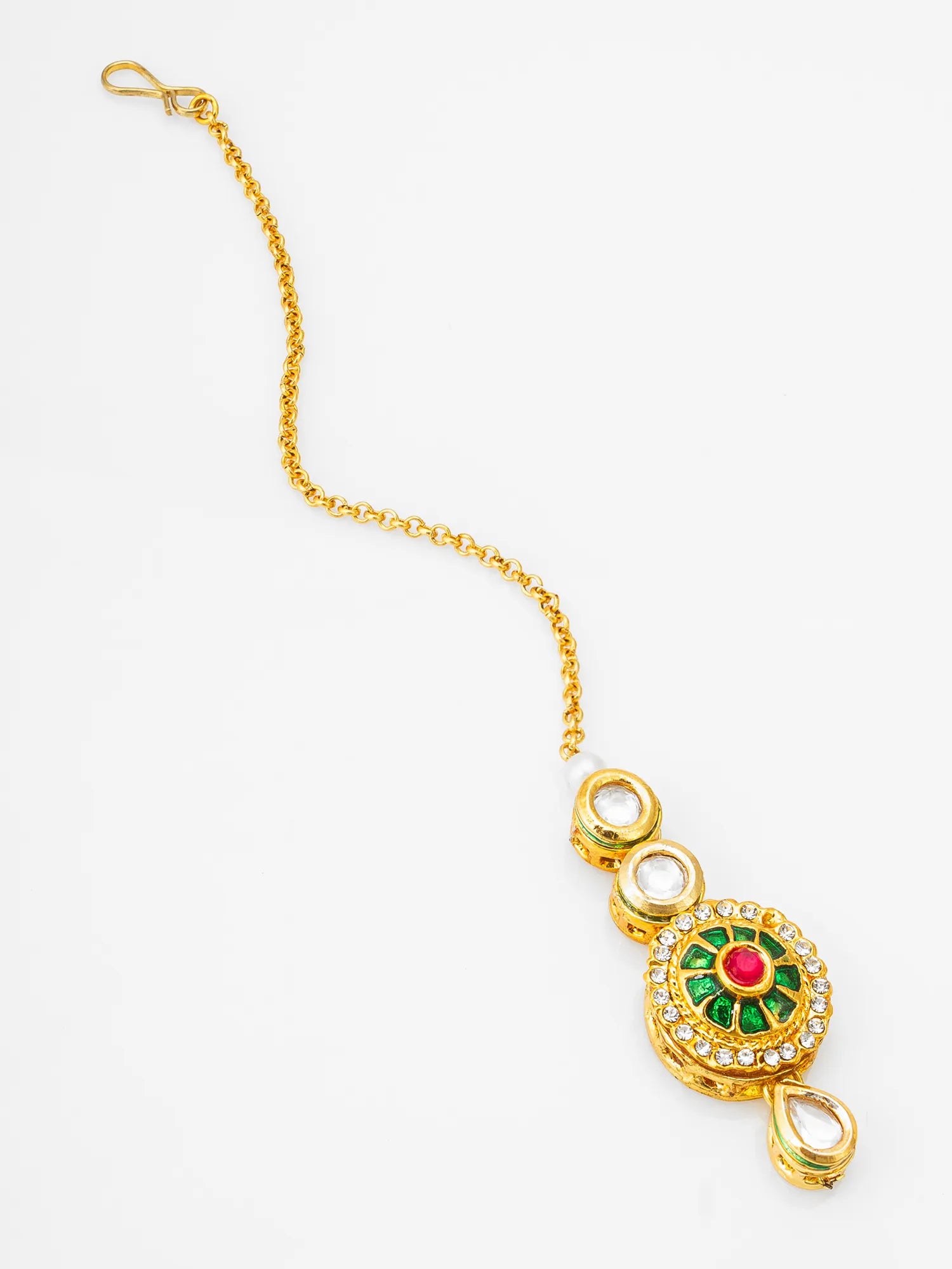 Gold bracelet with a decorative clasp on a white background