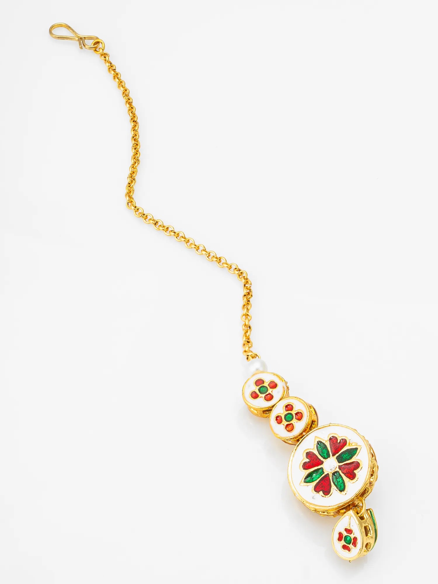 Gold bracelet with floral designs on a white background