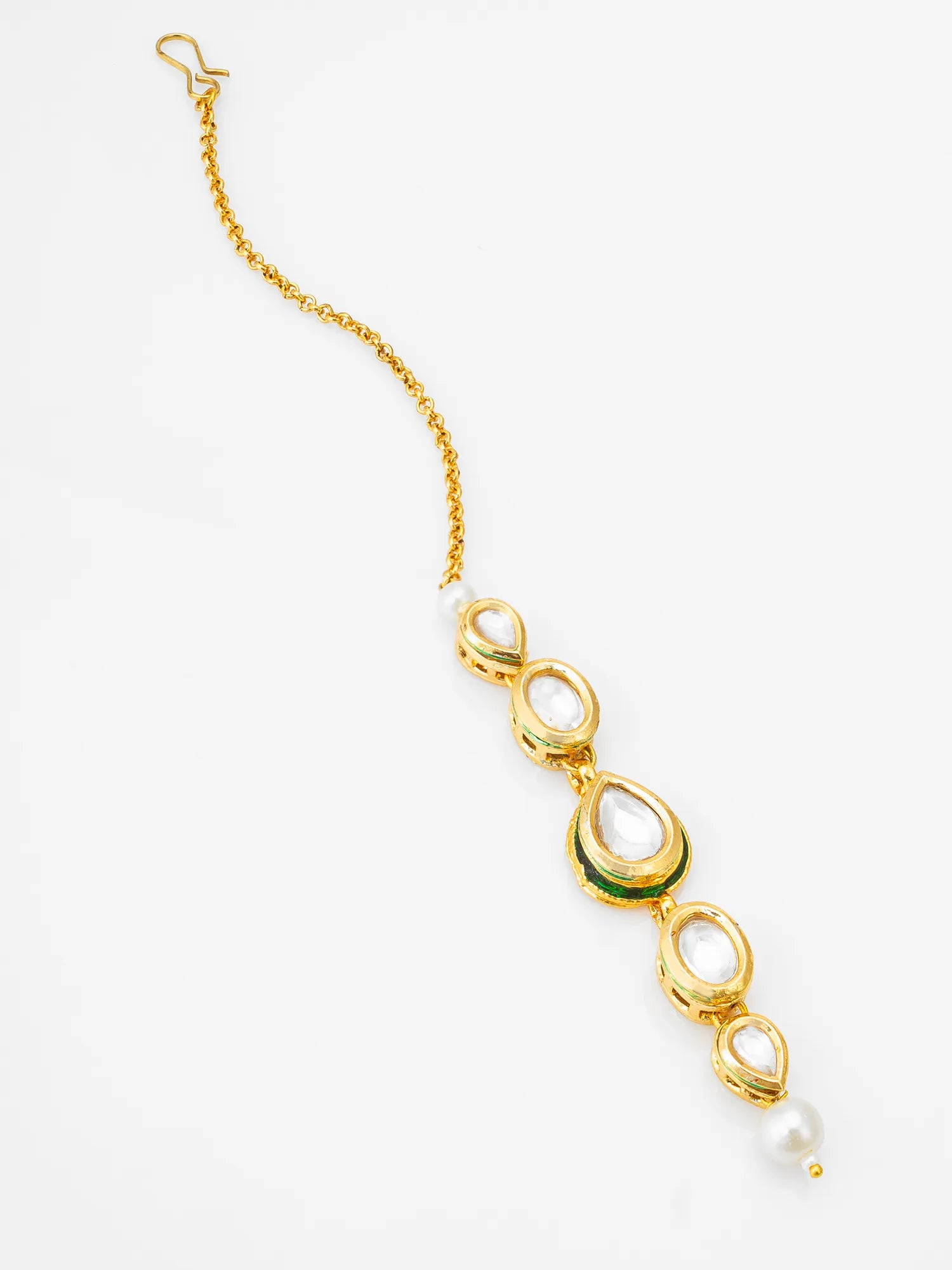 Gold necklace with green and pearl accents on a white background