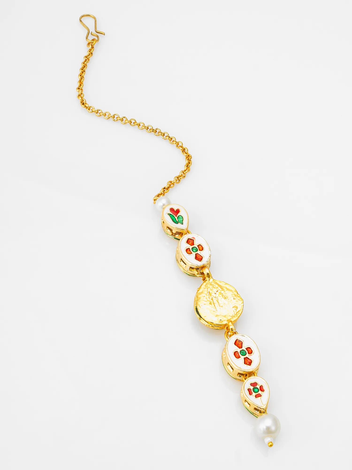 Gold necklace with floral pendant on a white background