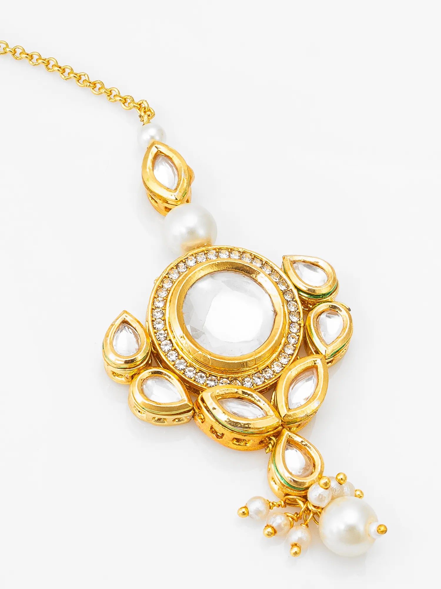 Gold necklace with a central pendant featuring pearls and gemstones on a white background