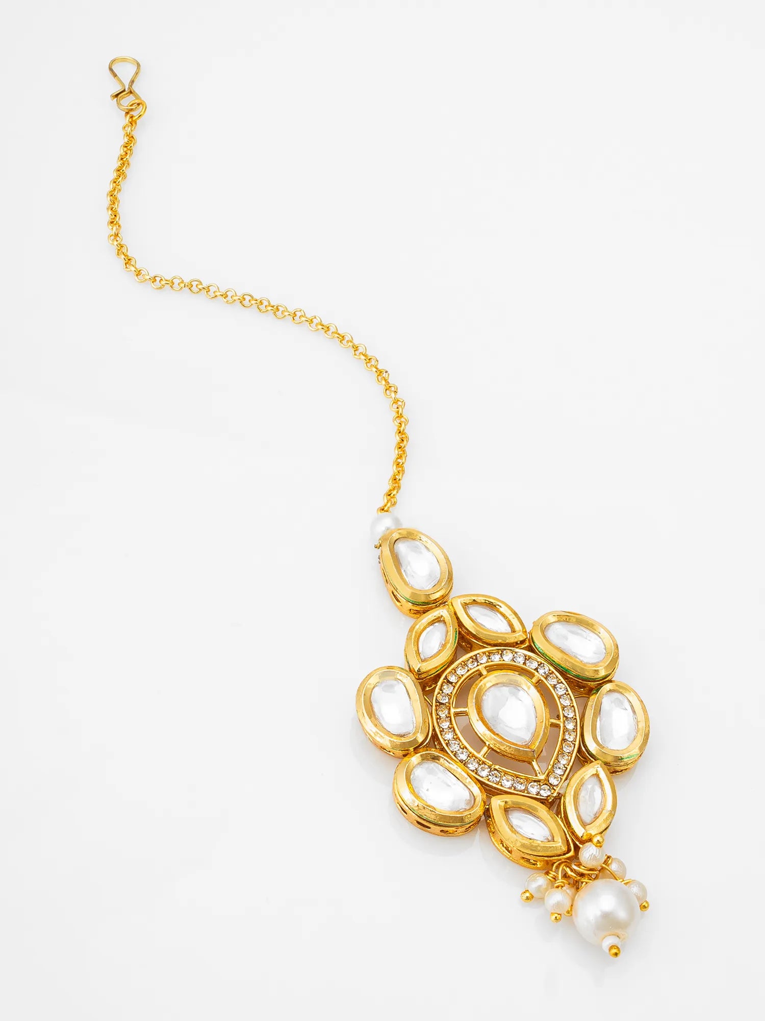 Gold necklace with a decorative pendant on a white background