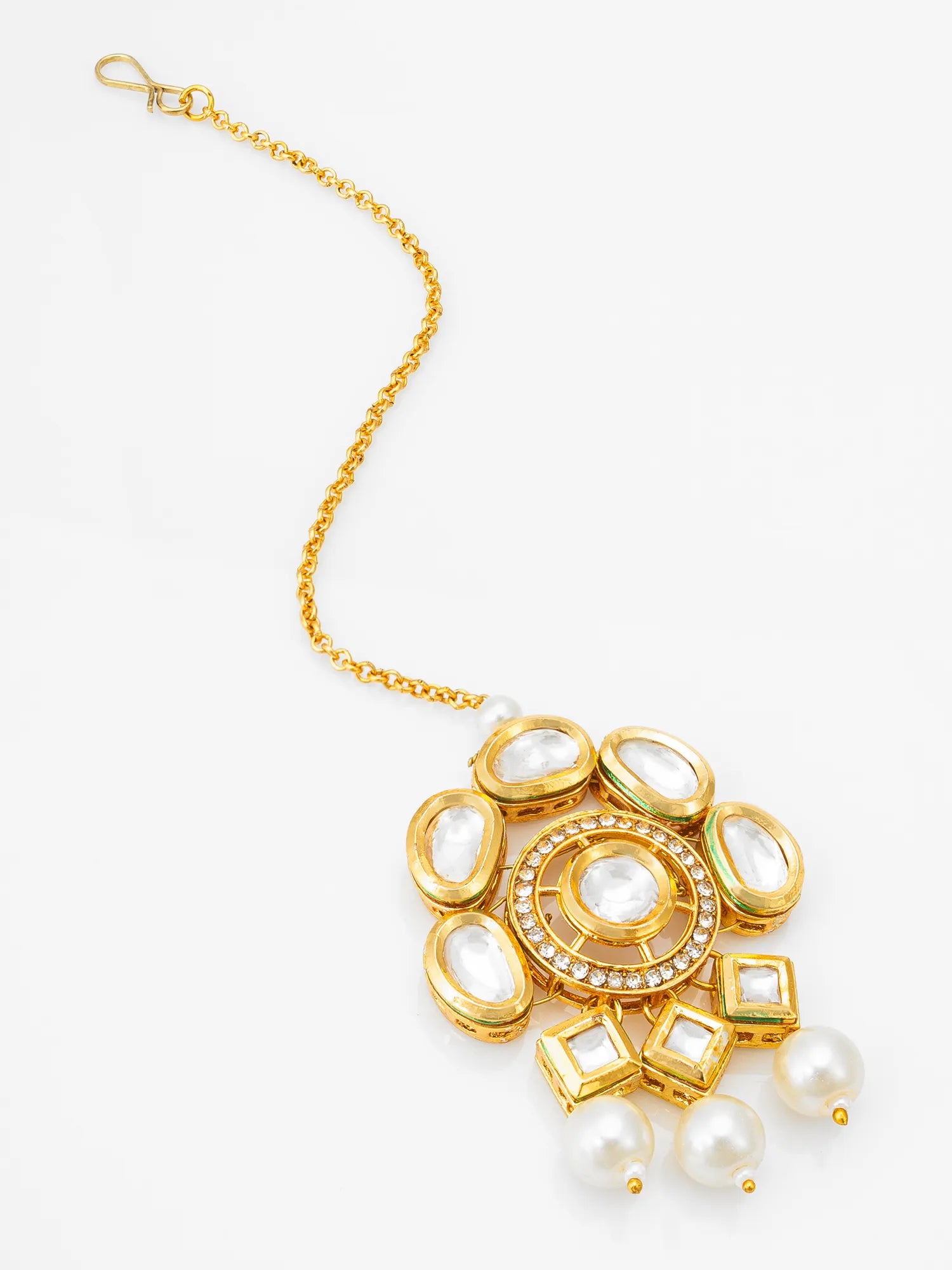 Gold necklace with pearls on a white background