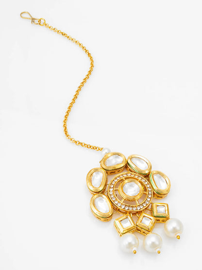 Gold necklace with pearls on a white background