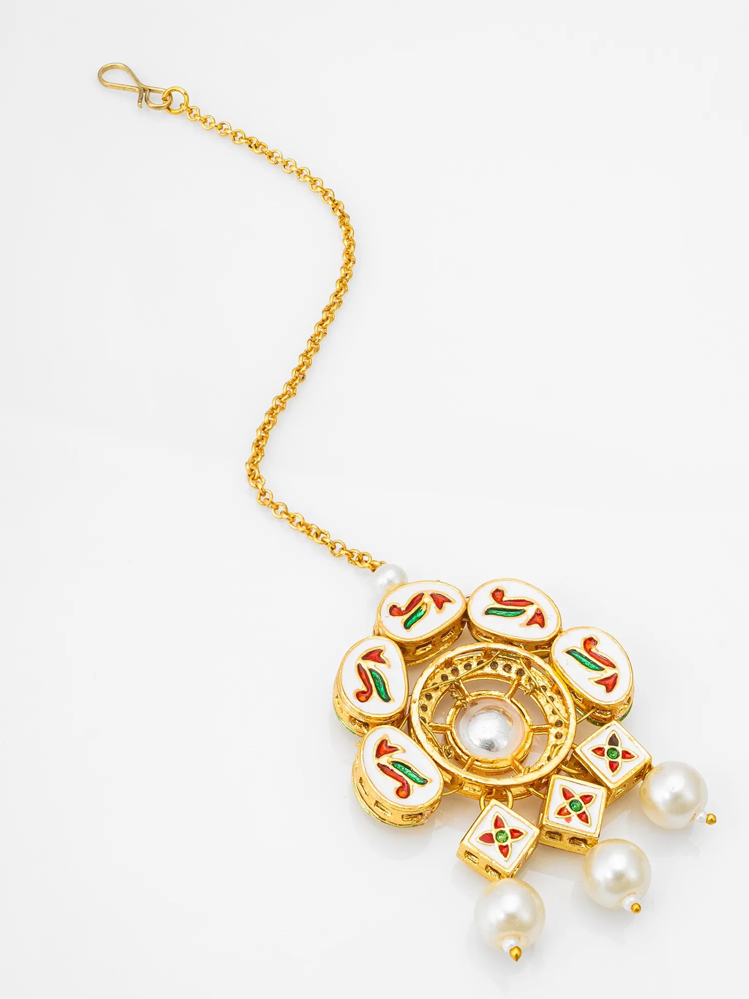 Decorative gold necklace with pearls on a white background