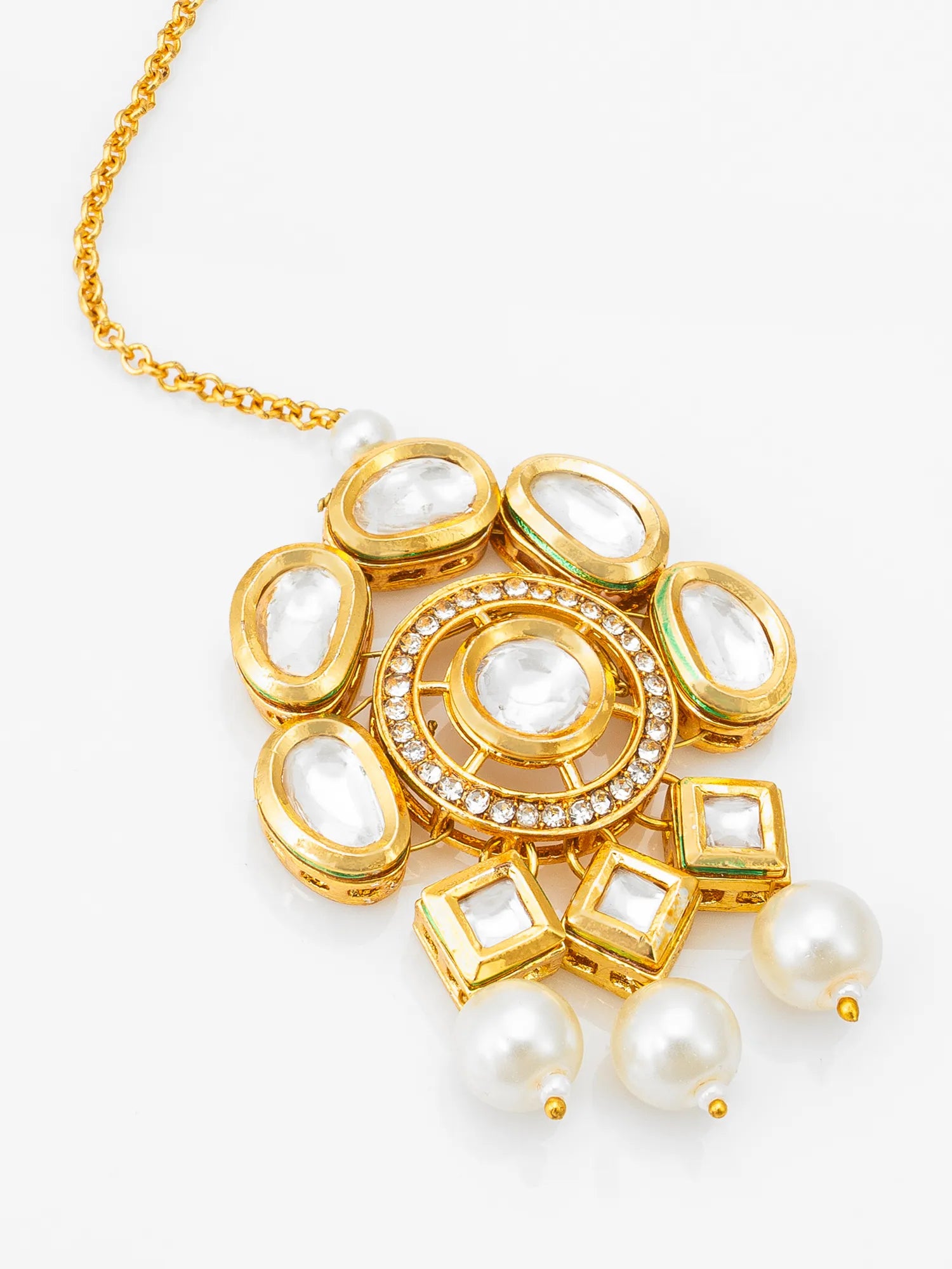 Gold necklace with pearls on a white background