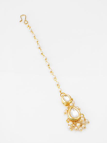 Aadita Gold Plated Kundan Pearl Maang Tikka for Women and Girls