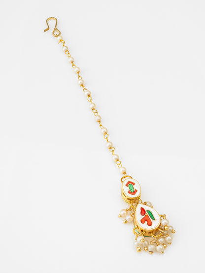 Aadita Gold Plated Kundan Pearl Maang Tikka for Women and Girls