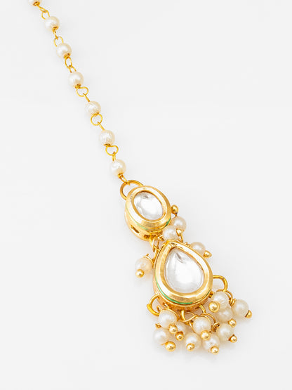 Aadita Gold Plated Kundan Pearl Maang Tikka for Women and Girls