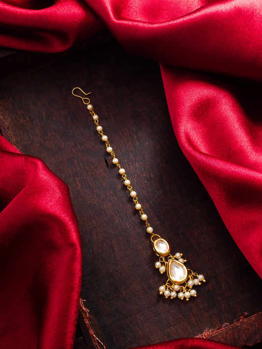 Aadita Gold Plated Kundan Pearl Maang Tikka for Women and Girls