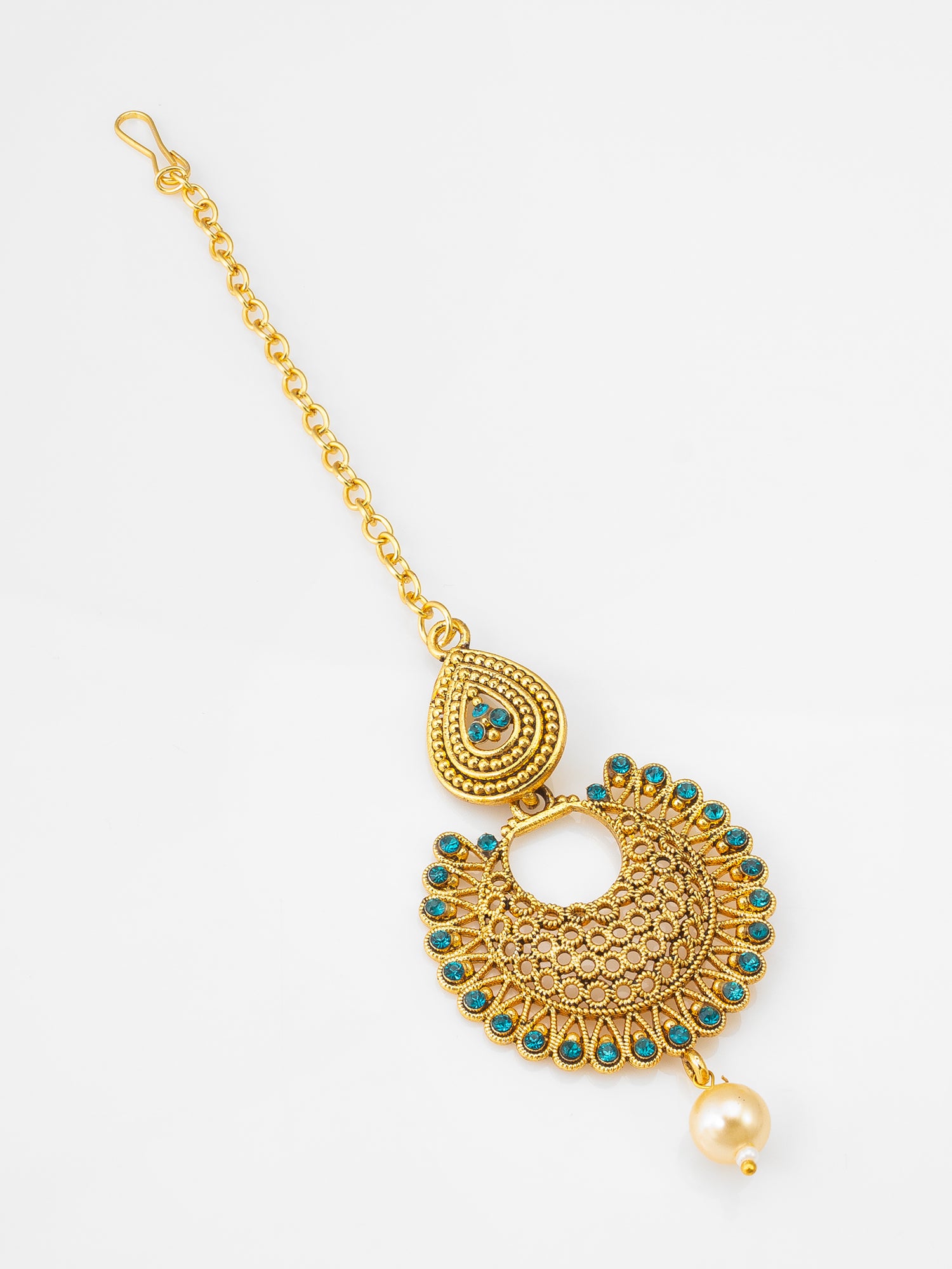Antique Gold-Plated Chandbali Maang Tikka with Blue Stones and Pearl Drop