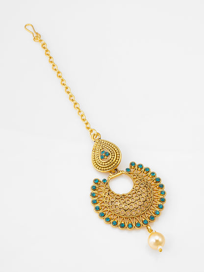 Antique Gold-Plated Chandbali Maang Tikka with Blue Stones and Pearl Drop